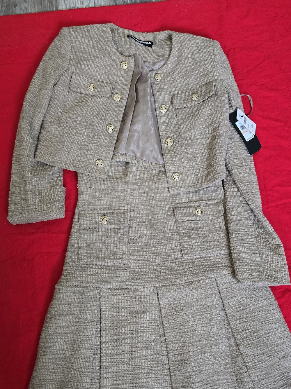 Karl Lagerfeld Beige Tweed Jacket and Skirt Set